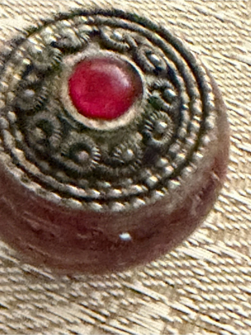 Antique  snuff or pill box snuff jar Red glass silver ornate metal